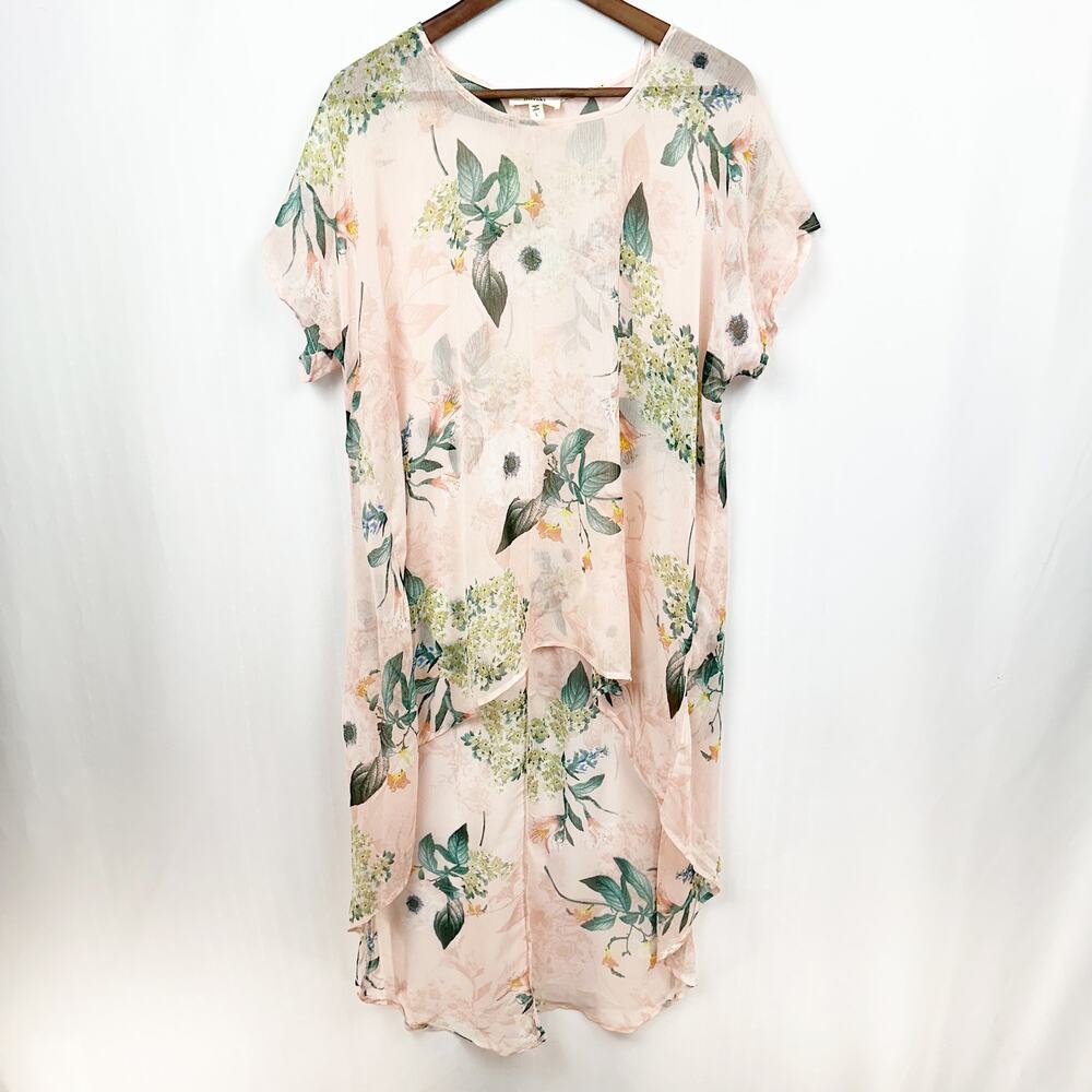 Meraki Duster Tunic Top Size L Sheer Blush Pink Floral Hi Low‎ Coverup Flare Hem